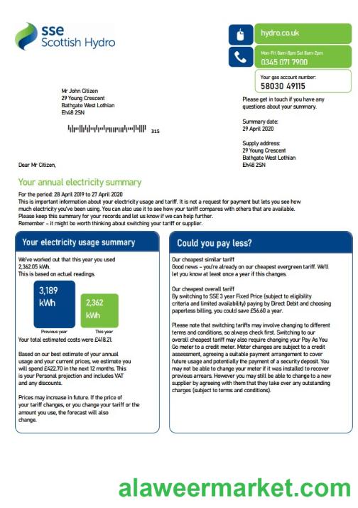 United Kingdom SSE Energy utility bill template in Word and PDF format, version 2